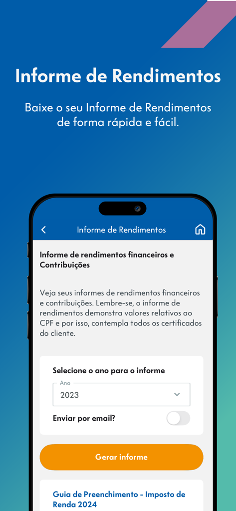Tela de smartphone mostrando o recurso de relatório de imposto de renda no aplicativo Caixa Vida e Previdencia