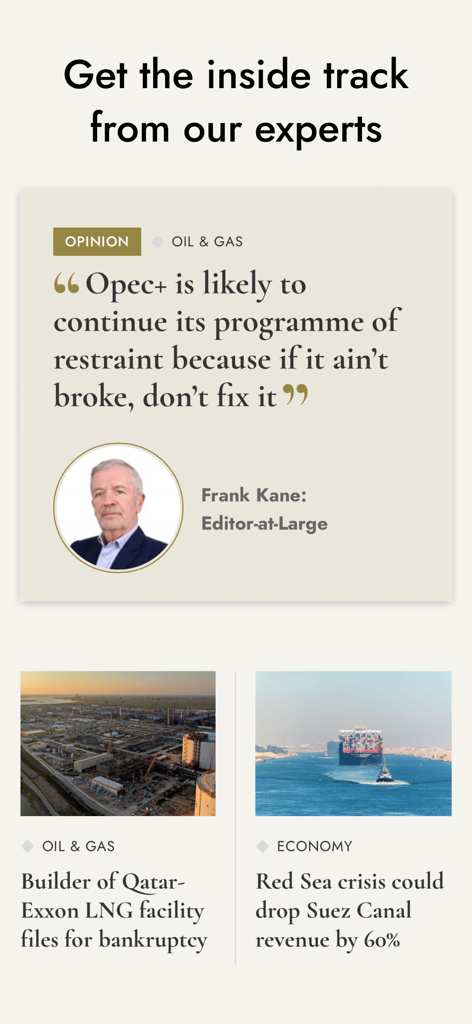 AGBI - AGBI app interface featuring expert business opinions and news articles on oil gas and the economy