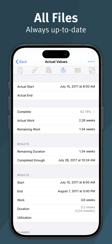 Merlin Project App auf dem iPhone zeigt Ist-Werte des Projekts und den Fertigstellungsgrad