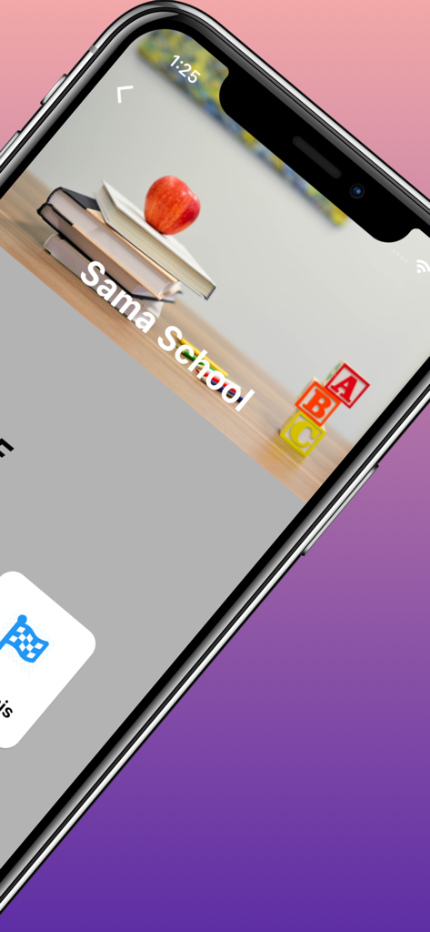 Sama School (Collège & Lycée) - Écran d'accueil de l'application mobile Sama School présentant des icônes éducatives, y compris des livres et des blocs d'alphabet