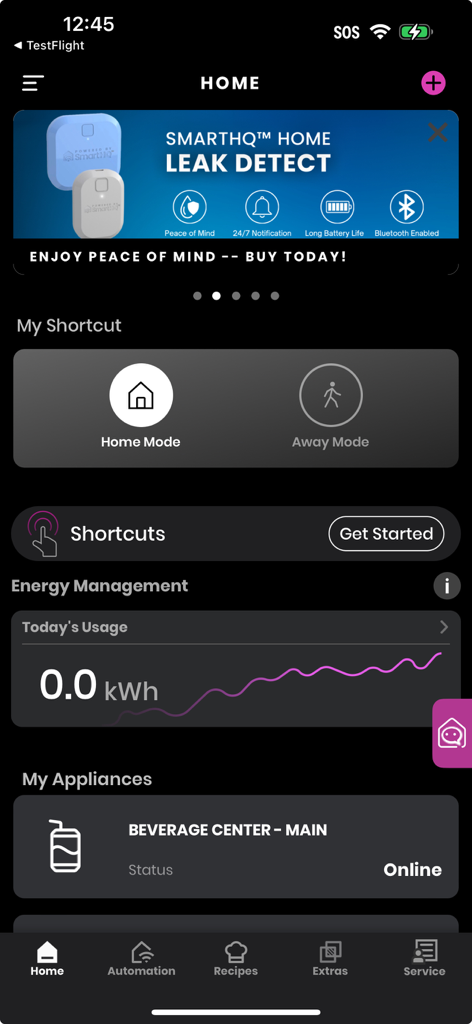 SmartHQ app home dashboard with energy usage tracking and smart appliance status