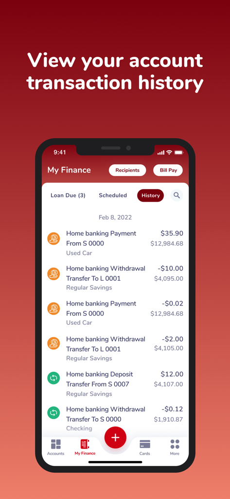 Coca-Cola CU mobile app transaction history screen showing detailed banking records and account activity