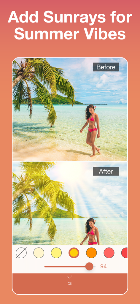 Skin Tanner: AI Photo Editor - Comparación de antes y después de una foto de playa que muestra la adición de rayos de sol usando la aplicación Bronceador de Piel