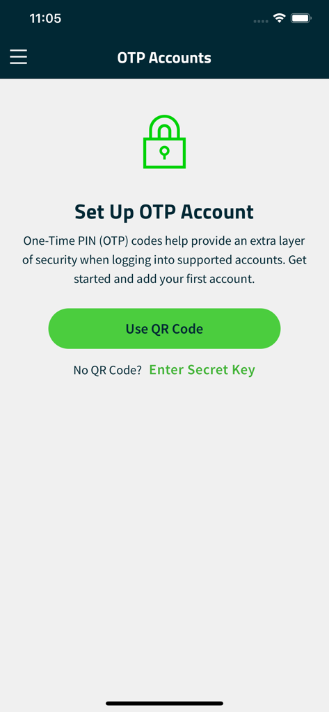 FIS Authenticator screen for setting up a new OTP account with options to use a QR code or enter a secret key.