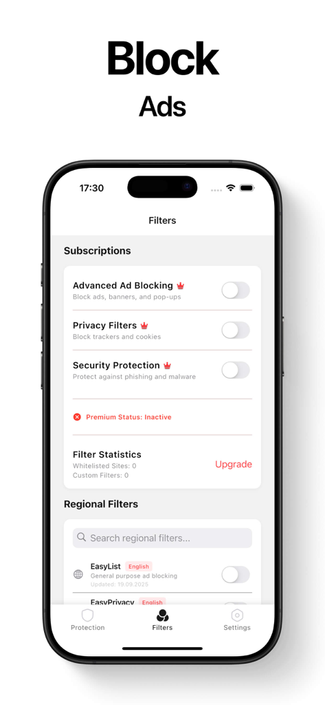 Ad Blocker for Browser . - Interface of the Ad Blocker for Browser app showing advanced ad and privacy filter options on an iPhone.