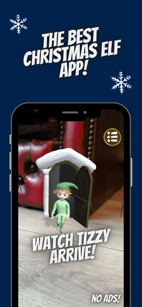 Captura de tela do aplicativo Tizzy AR mostrando um elfo de Natal 3D chegando através de uma porta mágica em realidade aumentada em um iPhone.