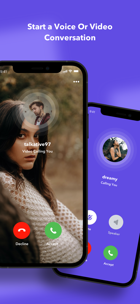 Anonymous Chat & Fun - Deux smartphones montrant les écrans d'appel vidéo et vocal entrant de l'application Chat Anonyme.