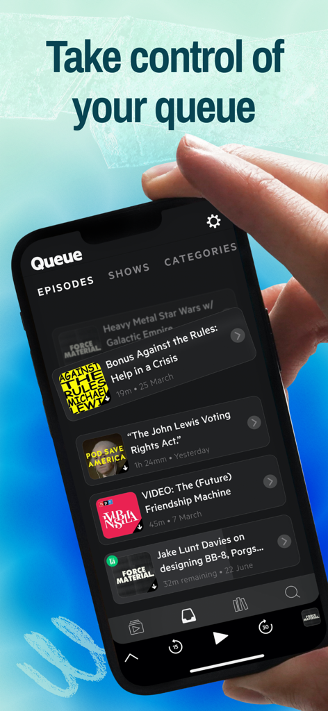 iPhone screen displaying the Castro podcast app queue with multiple episodes in a sleek dark mode interface.