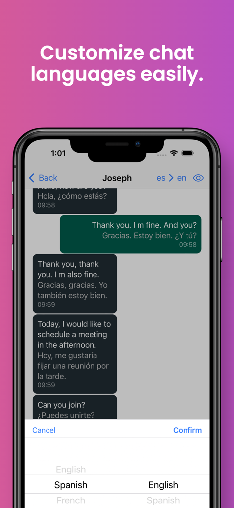 グローバルチャット翻訳アプリのインターフェース。英語とスペイン語のバイリンガルチャット会話と、言語選択メニューが表示されています。