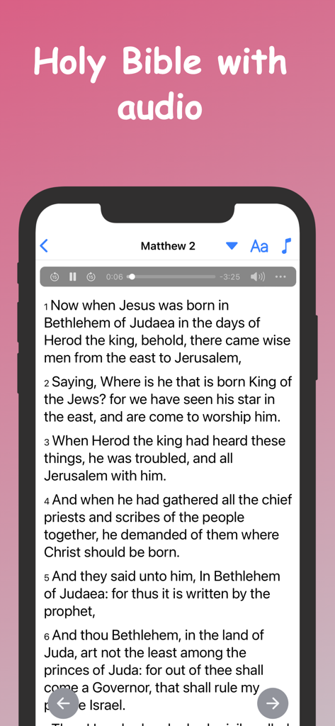 Teléfono inteligente mostrando la Santa Biblia con función de reproducción de audio para mujeres