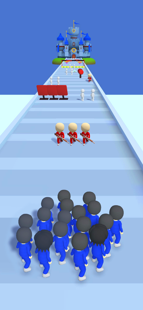 Prison Survival: Tap Challenge - Group of characters in blue uniforms navigating a survival obstacle course with armed guards in red