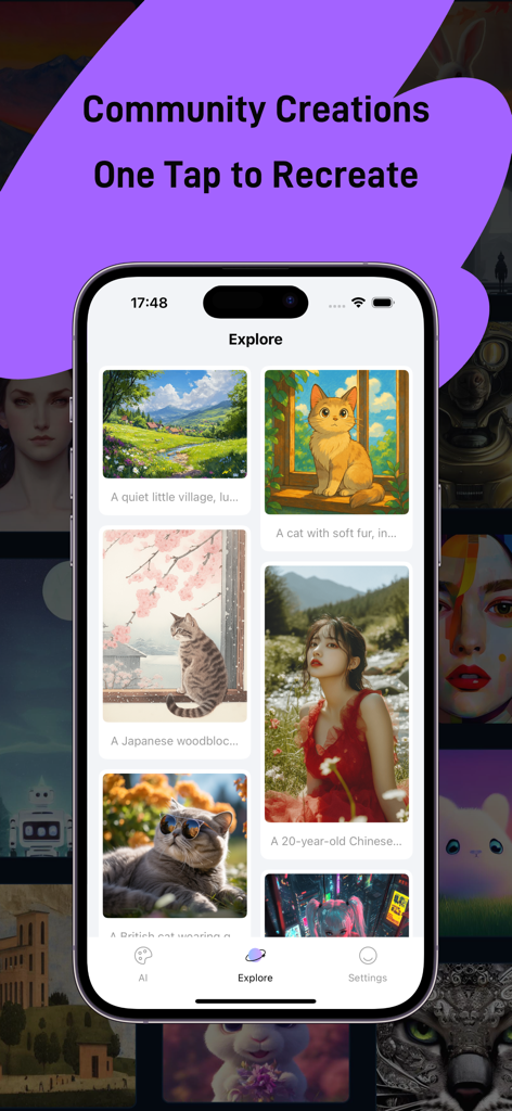 AI Art Generator Image - Screenshot of the Explore page in the AI Art Generator app showing various community creations