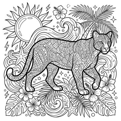 Unleash your creativity with this stunning coloring page featuring a majestic puma adorned with intricate Zentangle patterns. Immerse yourself in a vibrant summer vacation scene, bringing tropical elements to life with your favorite colors.