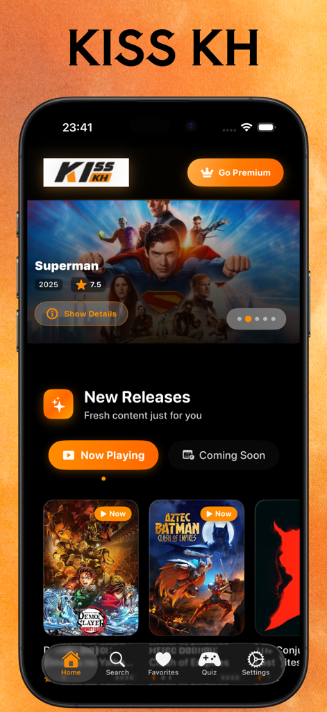 The home screen of the Kiss Kh app displaying trending movies and new series releases.