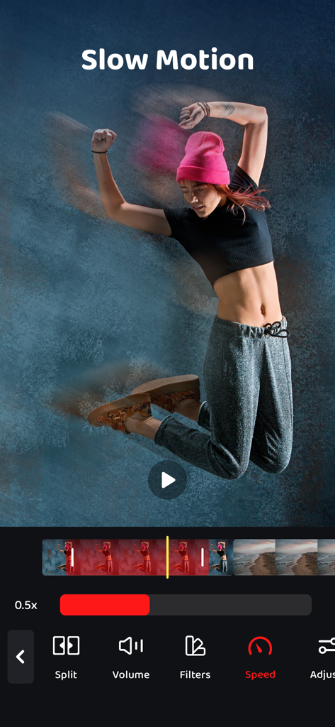 Interfaz de edición de vídeo que muestra el ajuste de velocidad en cámara lenta a cero punto cinco veces la velocidad.