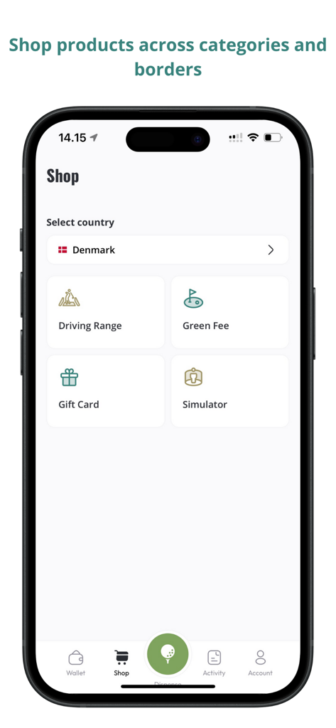 GolfMore - GolfMore app shop screen showing options for driving range green fee gift card and simulator