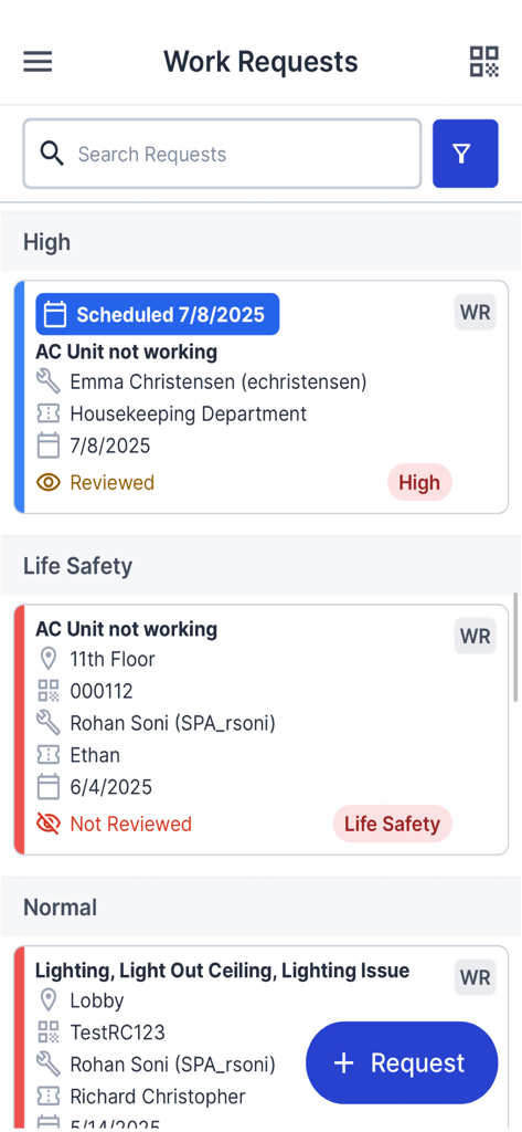 Transcendent Work Management - Transcendent app interface showing work requests with high and life safety priority status