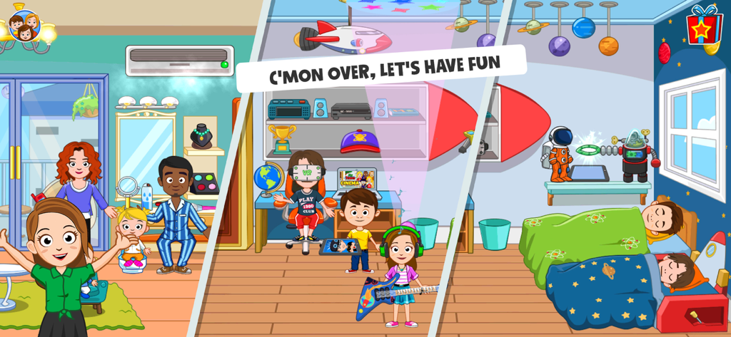 My Town Friends House PJ game - Vários cômodos da My Town Friends House mostrando personagens se vestindo, brincando e dormindo em uma festa do pijama