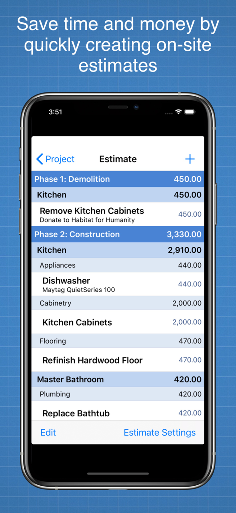 Construction Cost Estimator - iPhone screen showing the Construction Cost Estimator app interface with a detailed project estimate for kitchen and bathroom renovation