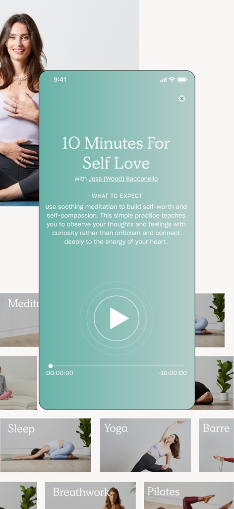 Deliciously Ella Feel Better app showing a 10-minute self-love meditation and wellness categories like Yoga and Pilates