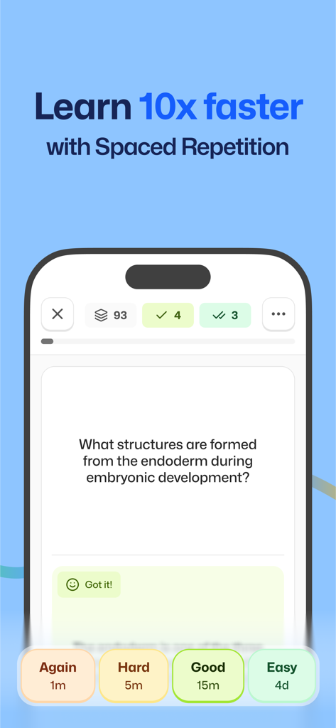 Flashka - AI Flashcards Maker - Una tarjeta de memoria digital sobre desarrollo embrionario en la interfaz de una aplicación móvil que muestra opciones de estudio de repetición espaciada como De nuevo, Difícil, Bien y Fácil.