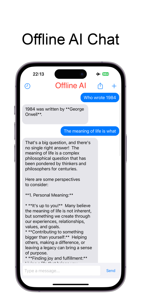 Offline Chatbot - Private AI - Mobile interface of the Offline Chatbot app showing a private AI conversation while the device is in airplane mode
