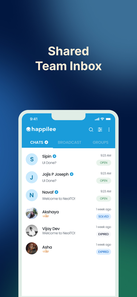 Happilee - Happilee app dashboard showing a shared team inbox for managing business WhatsApp chats with status tags