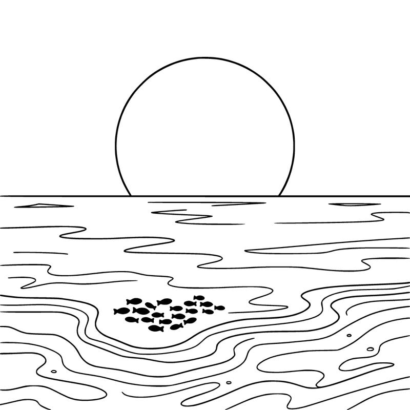 make a peaceful beach with no people on it or big sea creatures just like a little group of small fish’s silhouette s🐠 with a beautiful big sun setting ❤️🌅 with zero lines around the sun and make the view from straight on the sand