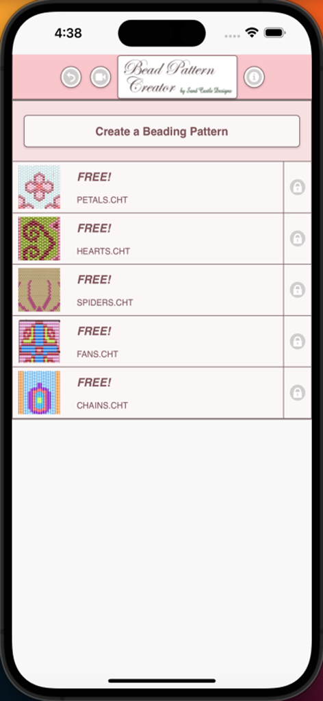 BeadPatternCreator - Bead Pattern Creator app home screen showing a list of free bead designs including petals hearts and spiders