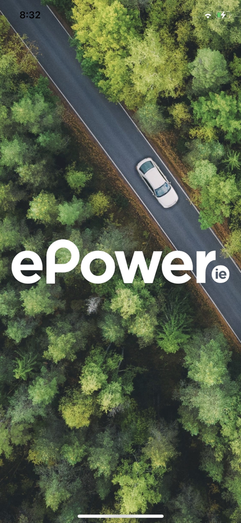 ePower EV Charging - ePower EV Charging app splash screen featuring an aerial view of a car driving through a lush forest