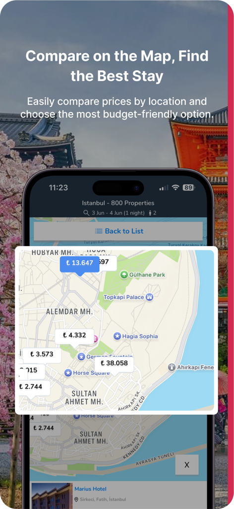 Otelz app map interface displaying hotel prices across Istanbul