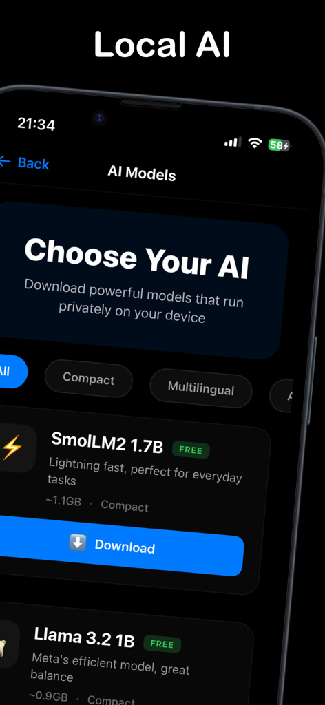Screenshot of the AI Models selection screen in the Local AI app showing various downloadable models like SmolLM2 and Llama