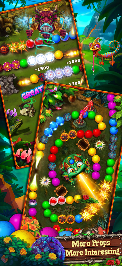 Action packed gameplay of Zumba Classic marble shooter puzzle game featuring colorful balls and powerups