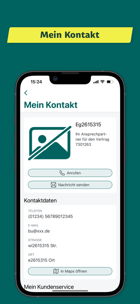 Meine LKHアプリの連絡先画面。アドバイザーの詳細と、電話またはメッセージボタンが表示されています。