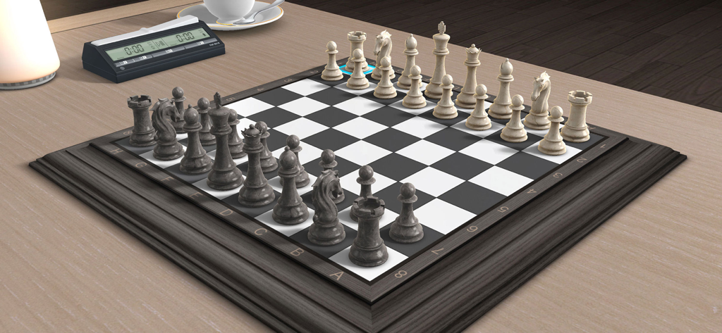 Realistic 3D chess board with black and white pieces and a digital timer on a wooden table