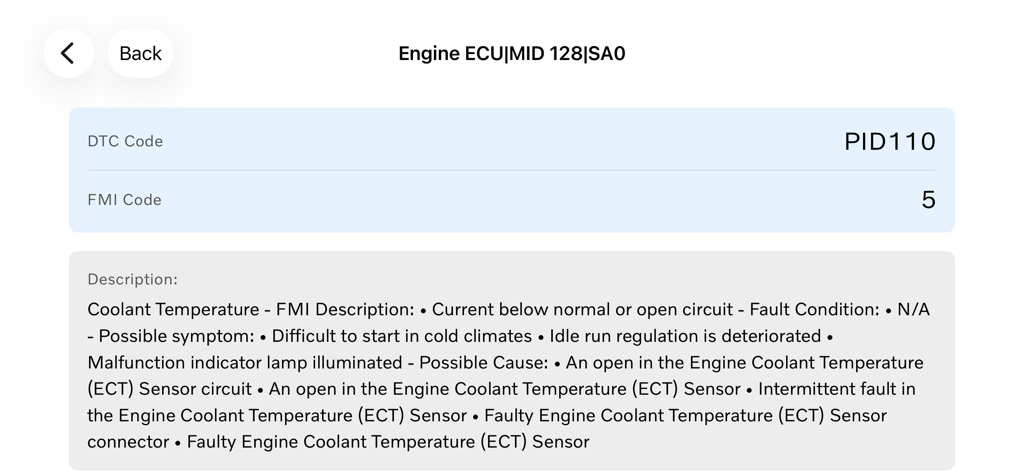 Screenshot of the Prevost OBD Code Converter app displaying detailed diagnostic information for an engine fault including symptoms and causes