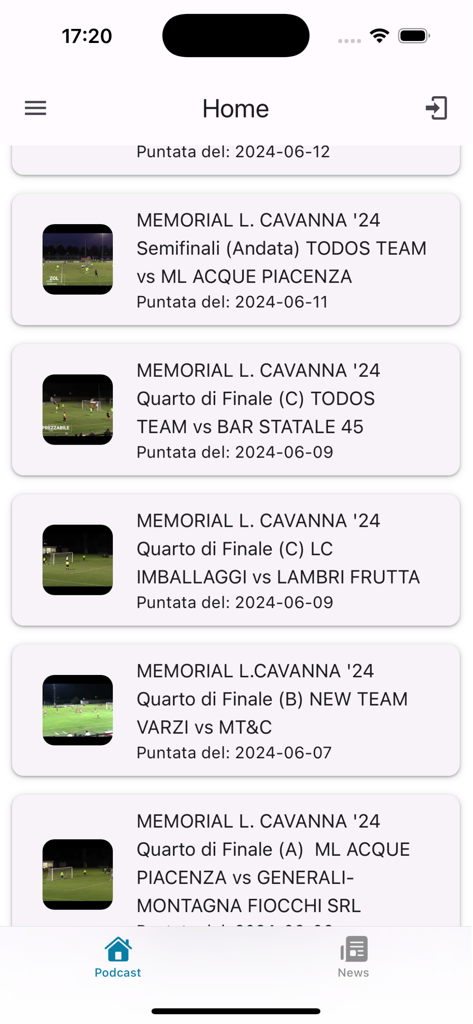 Pantalla de inicio de la aplicación PlayGo mostrando una lista de los mejores momentos de torneos de fútbol y episodios de podcasts