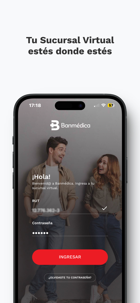 Banmédica - Banmedica mobile app login screen for virtual branch access with RUT and password fields