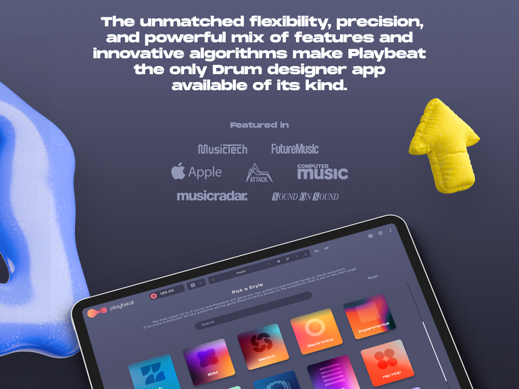 Interfaccia dell'app Playbeat 4 su un iPad che mostra la schermata di selezione del genere per pattern di batteria AI.