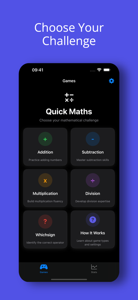 Quick Maths - Mental Mastery - Menú principal de la aplicación Quick Maths mostrando modos de juego para suma resta multiplicación y división