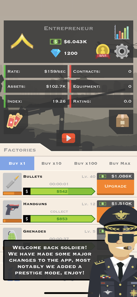 War Tycoon - Gameplay screen of War Tycoon showing weapons factories and a military general character.