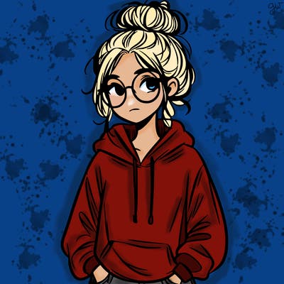 teen girl with a messy bun and glasses wearing a loose hoodie and jeans