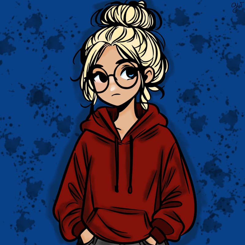 teen girl with a messy bun and glasses wearing a loose hoodie and jeans