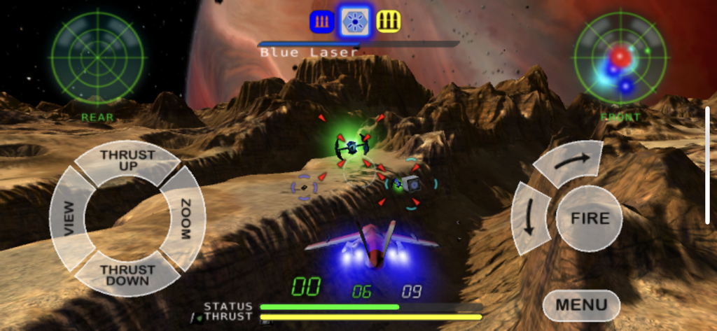 A space ship flying over a rocky landscape in the Nemesis 3D space shooter game