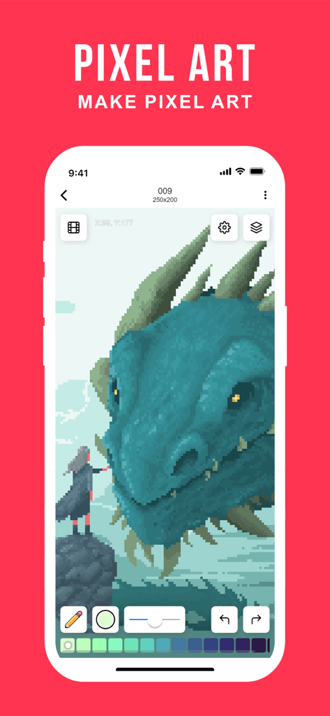 Un disegno pixel art di un grande drago verde acqua che viene creato sullo schermo di uno smartphone all'interno dell'interfaccia dell'app Pixilart