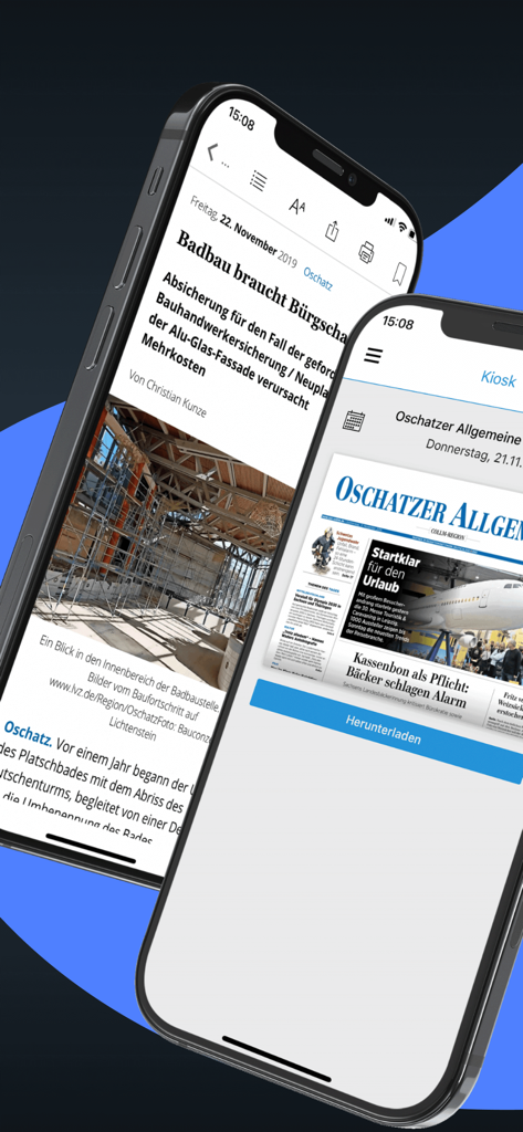 Mobile Oberfläche der OAZ E-Paper Nachrichten-App aus Oschatz, die lokale Artikel und Download-Optionen anzeigt