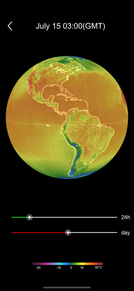 Um globo 3D mostrando um mapa de calor de temperatura global das Américas em um aplicativo de educação científica.