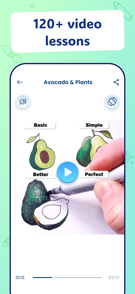 AR Drawing & Tracing - DrawToo - Interface of the DrawToo app showing a video tutorial on how to draw an avocado