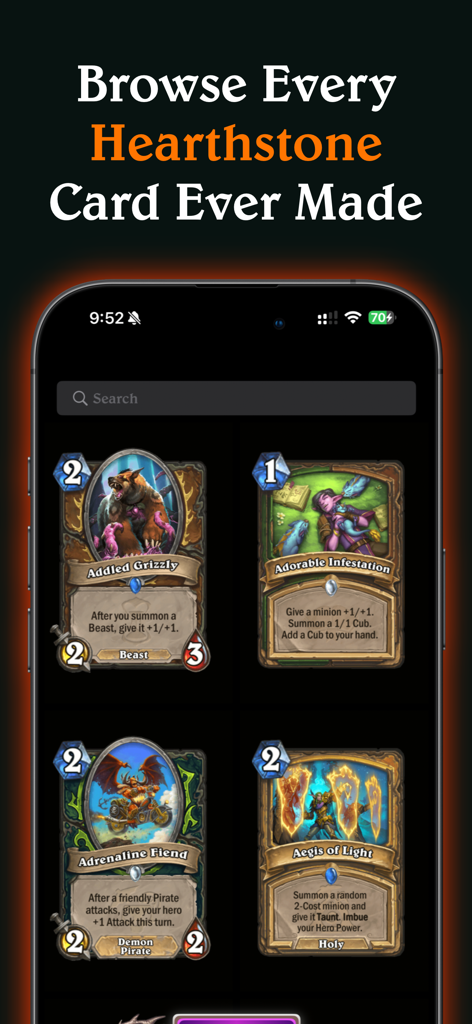 FindStone - HS Card Companion - FindStone app interface showing a searchable database of Hearthstone cards including Addled Grizzly and Adrenaline Fiend