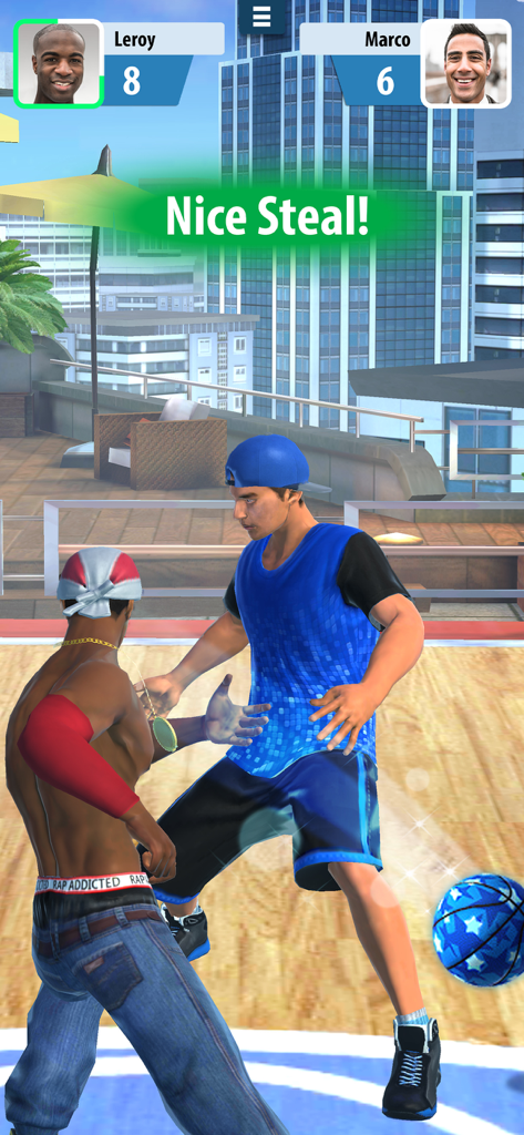 Basketball Stars™: Multiplayer - Ein 1v1-Multiplayer-Basketballmatch auf einem städtischen Dachcourt.